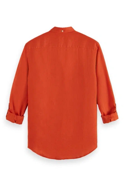 Shop Scotch & Soda Linen Roll Sleeve Button-down Shirt In Medium Red