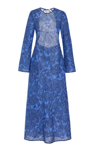 Shop Zimmermann Ottie Backless Linen Bias-cut Maxi Dress In Blue