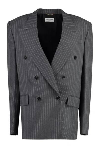 Shop Saint Laurent Pinstripe Double Breasted Blazer In Grey