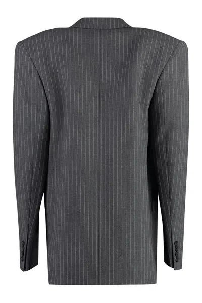 Shop Saint Laurent Pinstripe Double Breasted Blazer In Grey