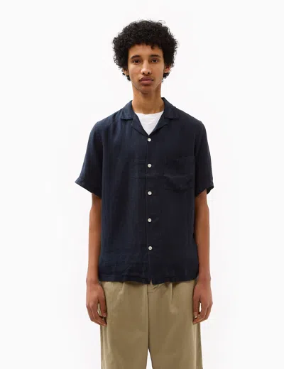 Shop Portuguese Flannel Linen Camp Collar Short Sleeve Shirt In Navy Blue