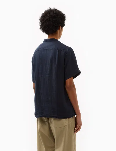 Shop Portuguese Flannel Linen Camp Collar Short Sleeve Shirt In Navy Blue