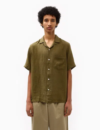 Shop Portuguese Flannel Linen Camp Collar Short Sleeve Shirt In Olive Green