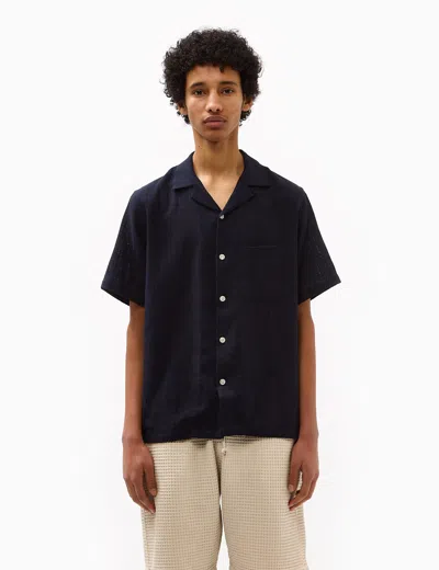 Shop Portuguese Flannel Grain Cotton Short Sleeve Shirt In Navy Blue
