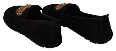 Shop Dolce & Gabbana Elegant Black Leather Loafer Slides With Gold Men's Embroidery