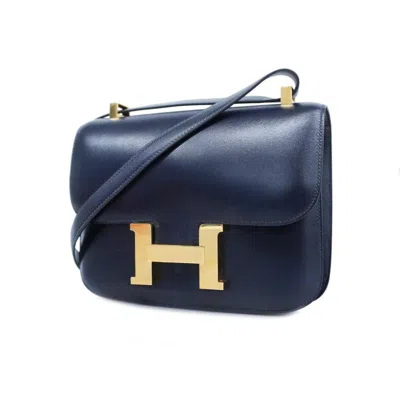 Shop Hermes Hermès Constance Navy Leather Shoulder Bag ()