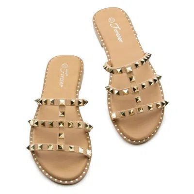 Shop Forever Fierce Studded Strappy Sandals In Taupe In Gold
