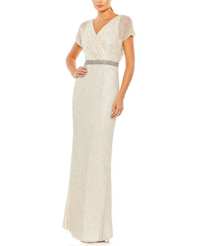 Shop Mac Duggal Beaded Butterfly Sleeve Column Gown In Silver