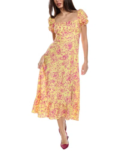 Shop London Times Puff Sleeve Linen-blend Midi Dress In Yellow