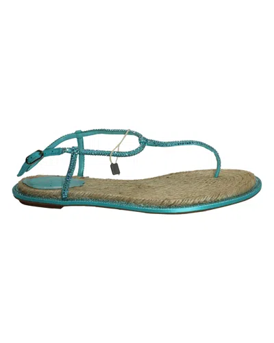 Shop René Caovilla Crystal-embellished Flat Sandals In Turquoise Satin In Blue