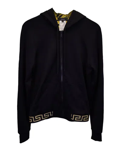 Shop Versace Greca Border Zip-up Hoodie In Black Polyester
