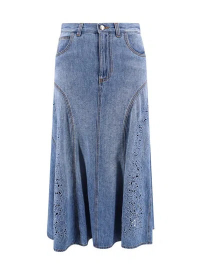 Shop Chloé Denim Long Skirt With Embroidery