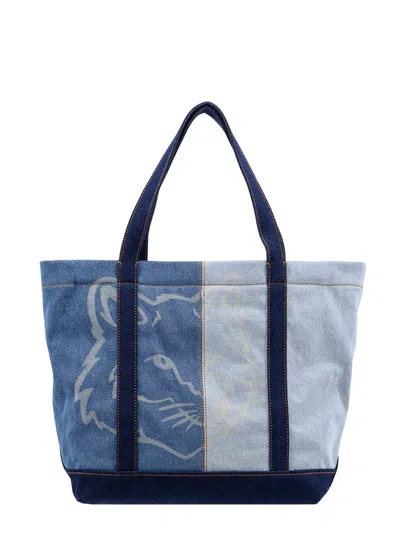 Shop Maison Kitsuné Denim Shoulder Bag Wit Iconic Print