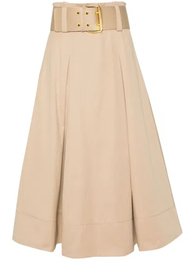 Shop Elisabetta Franchi Twill Midi Skirt With Belt And Darts In Beige