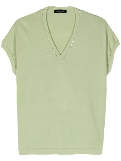 Shop Fabiana Filippi Sleeveless Cotton Top With Beads In Green