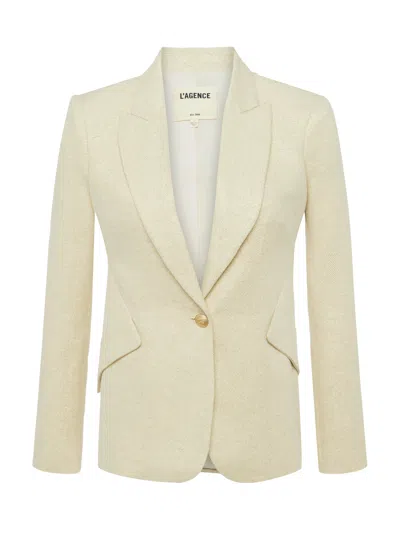 Shop L Agence Chamberlain Linen-blend Blazer In Ecru/gold