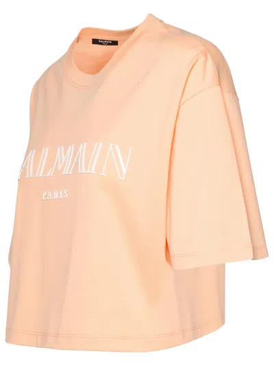 Shop Balmain Woman  Orange Cotton Crop T-shirt