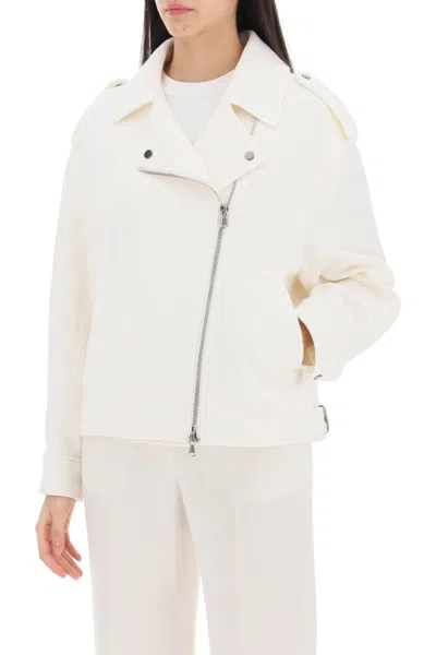 Shop Brunello Cucinelli Cotton-linen Biker Jacket Women In White