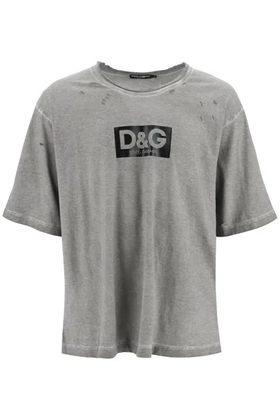 Shop Dolce & Gabbana Washed Cotton T-shirt With Destroyed Detailing Men In Gray