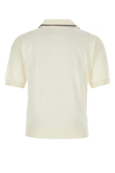 Shop Prada Man Ivory Silk Blend Polo Shirt In White