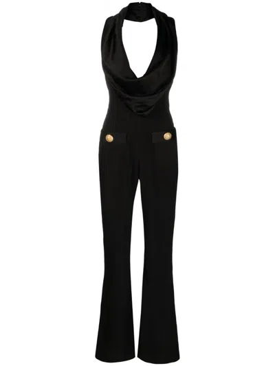 Shop Balmain Cowl Neck Crepe Flare Jumpsuit In Black