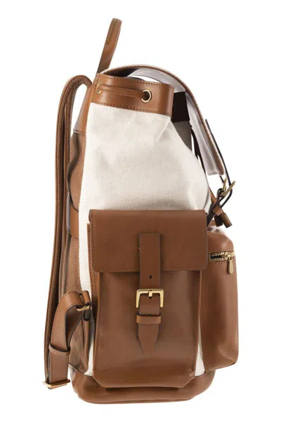 Shop Brunello Cucinelli City Backpack In Leather And Fabric In Milk