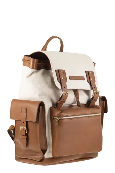 Shop Brunello Cucinelli City Backpack In Leather And Fabric In Milk