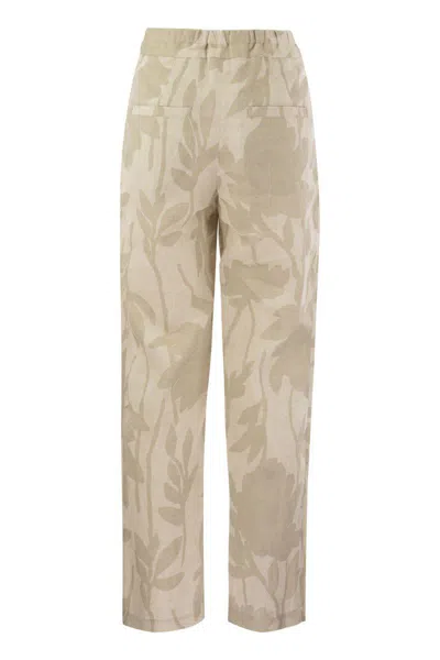 Shop Brunello Cucinelli Ramage Print Linen Slouchy Trousers In Natural