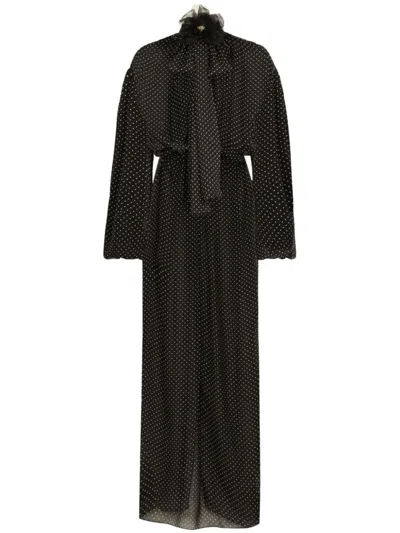 Shop Dolce & Gabbana Dotted Silk Long Dress In Black