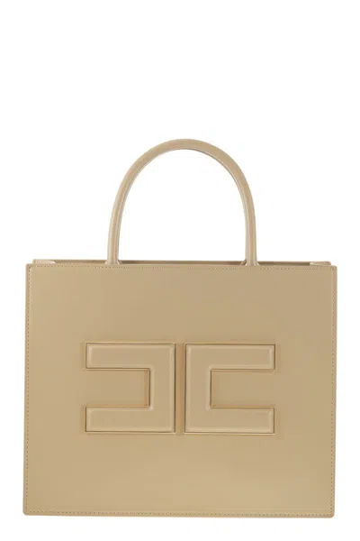 Shop Elisabetta Franchi Medium Shopper With Logo Plaque In Sand