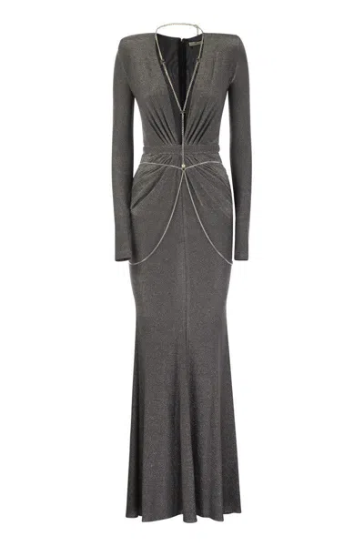 Shop Elisabetta Franchi Red Carpet Dress In Lurex Jersey With Body Chain In Plum