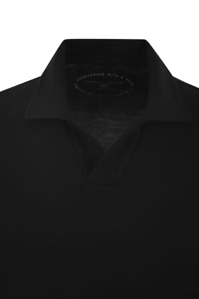 Fedeli Cotton Polo Shirt With Open Collar In Black