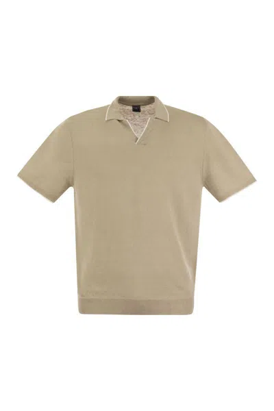 Shop Fedeli Polo Shirt With Open Collar In Linen And Cotton In Beige