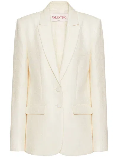 Shop Valentino Toile Iconographe Wool And Silk Blend Blazer Jacket In White