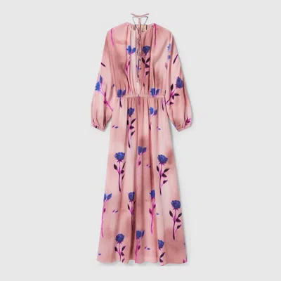 Shop Gucci Silk Crêpe De Chine Floral Print Dress In Pink