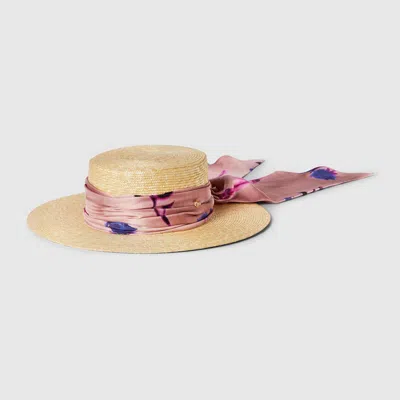 Shop Gucci Straw Wide Brim Hat With Ribbon In Beige