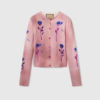 Shop Gucci Floral Print Fine Wool Silk Cardigan In Pink