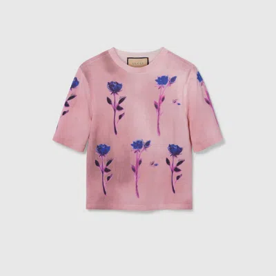 Shop Gucci Floral Print Fine Wool Silk Top In Pink