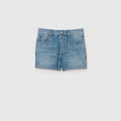Shop Gucci Denim Shorts With Horsebit Detail In Blue
