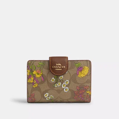 Shop Coach Medium Corner Zip Wallet In Signature Canvas With Floral Print In Beige