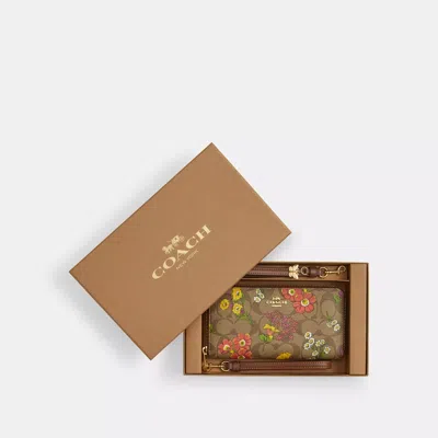 Shop Coach Boxed Long Zip Around Wallet In Signature Canvas With Floral Print In Beige