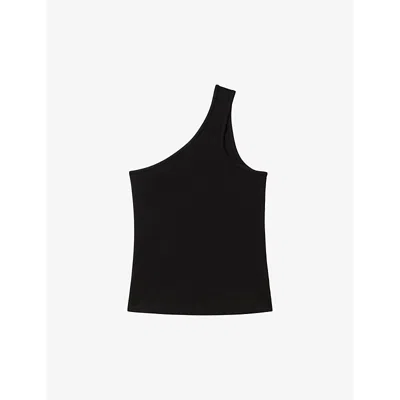 Shop Reiss Women's Black Ria One-shoulder Ribbed Stretch-cotton Top