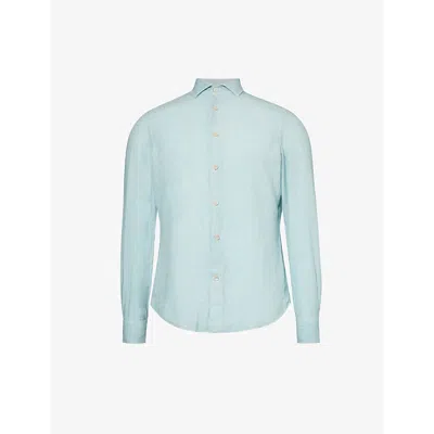 Shop Eleventy Mens Denim Spread-collar Regular-fit Linen Shirt