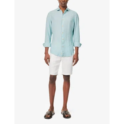 Shop Eleventy Men's Denim Spread-collar Regular-fit Linen Shirt