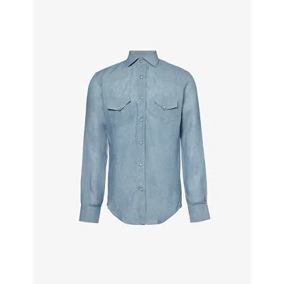Shop Eleventy Spread-collar Regular-fit Linen Shirt In Denim