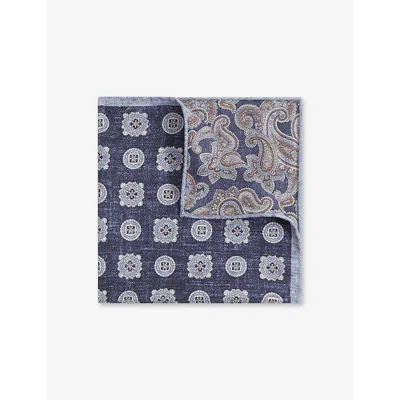 Shop Reiss Men's Indigo Melange Tindari Small Medallion-print Silk Pocket Square