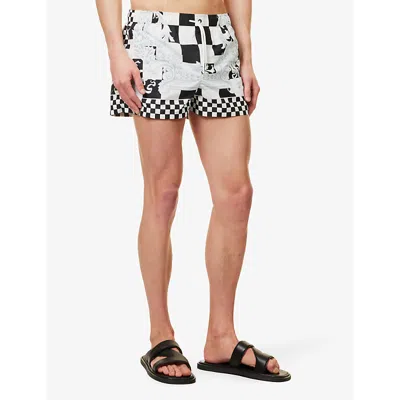 Shop Versace Men's Black+white+silver Check-patterned Low-rise Swim Shorts