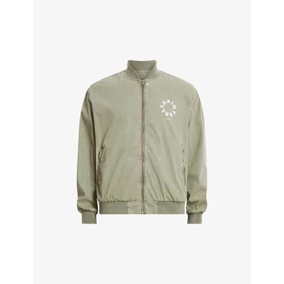Shop Allsaints Tierra Graphic-print Relaxed-fit Organic-cotton Bomber Jacket In Herb Green
