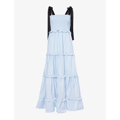 Shop Sister Jane Grapefruit Tiered-hem Cotton-blend Midi Dress