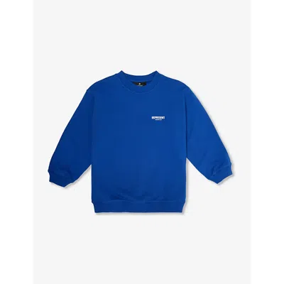 Represent Boys Cobalt Kids Logo-print Crewneck Cotton-jersey Sweatshirt 4-6 Years In Cobalt